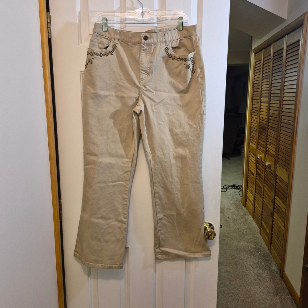 Lauren Ralph Lauren Petite 14P Khaki Tan Studded Straight Leg Stretch Jeans Pant